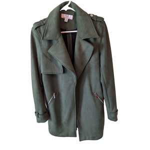Magaschoni Faux Suede Moto Trench Coat Forest Green Long Open Jacket, Sz Medium
